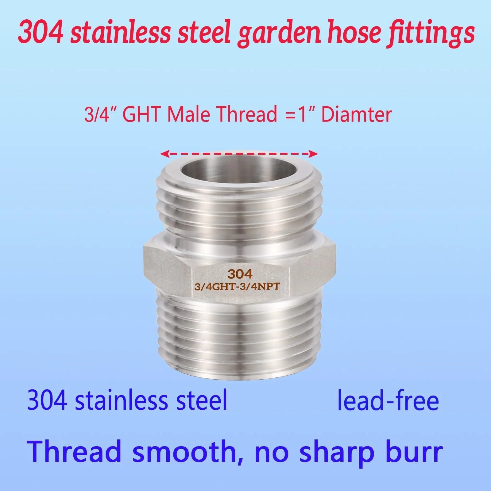 Three Quarter Inch GHT Male To Three Quarter Inch NPT Male Connector With One Half Inch NPT Female 304 Stainless Steel Garden Hose Fitting Adapter