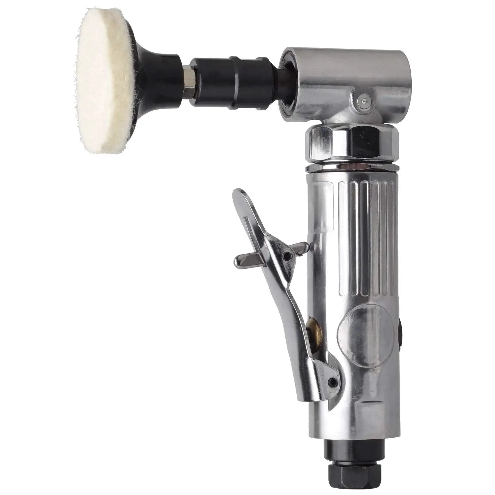 1/4 Inch Angle Air Die Grinder Kit With 22 Piece 2 Inch Roll Lock Sanding Discs Pro Grade Polished Color Finish 90 Degree Head Up To 20,000 RPM 0.32 HP Pneumatic Grinder For Tight Spaces, silver 90-degree head view