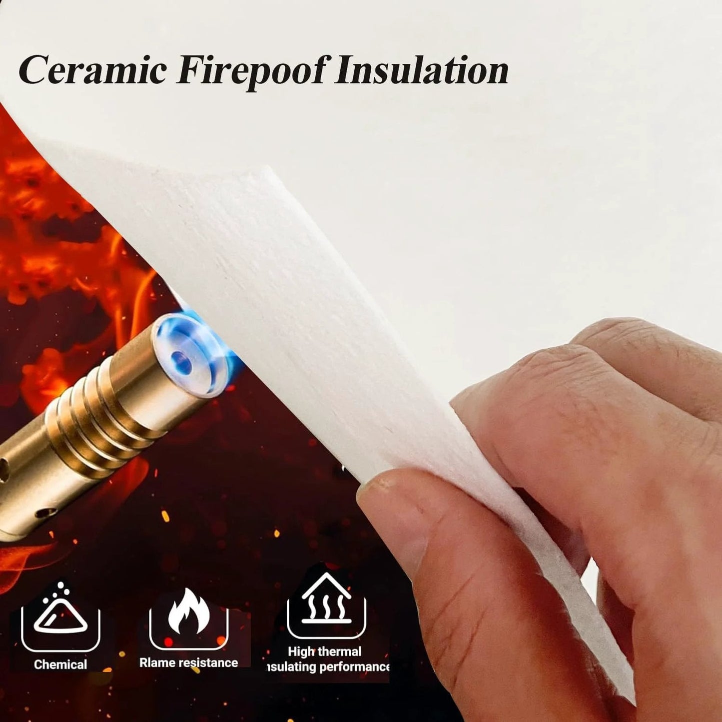 Person holding Ceramic Fiber Paper For Kilns And Furnaces, 24 X 33 X 0.08 In White, 3 Pack, High Temp Insulation against flame illustration.