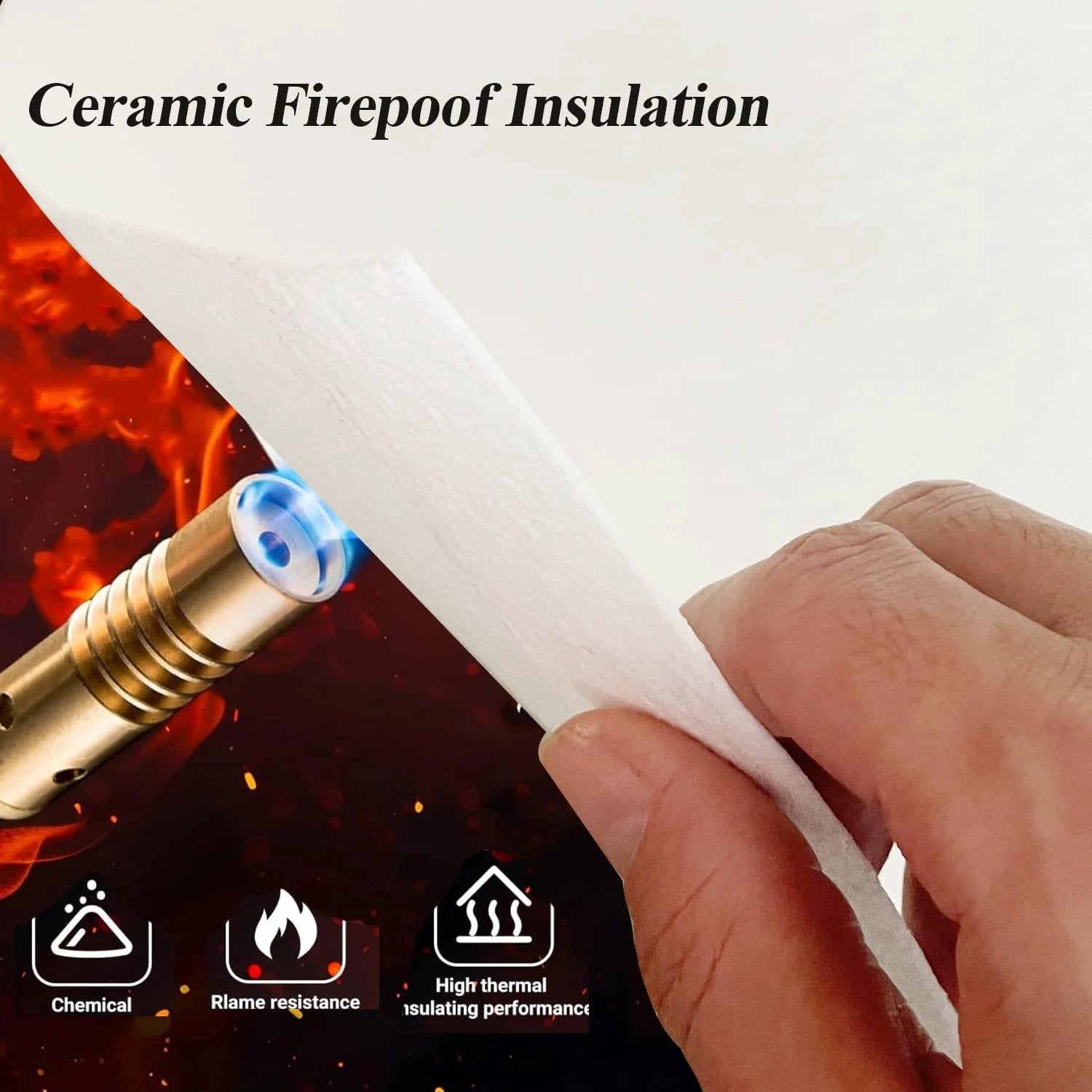 Person holding Ceramic Fiber Paper For Kilns And Furnaces, 24 X 33 X 0.08 In White, 3 Pack, High Temp Insulation against flame illustration.