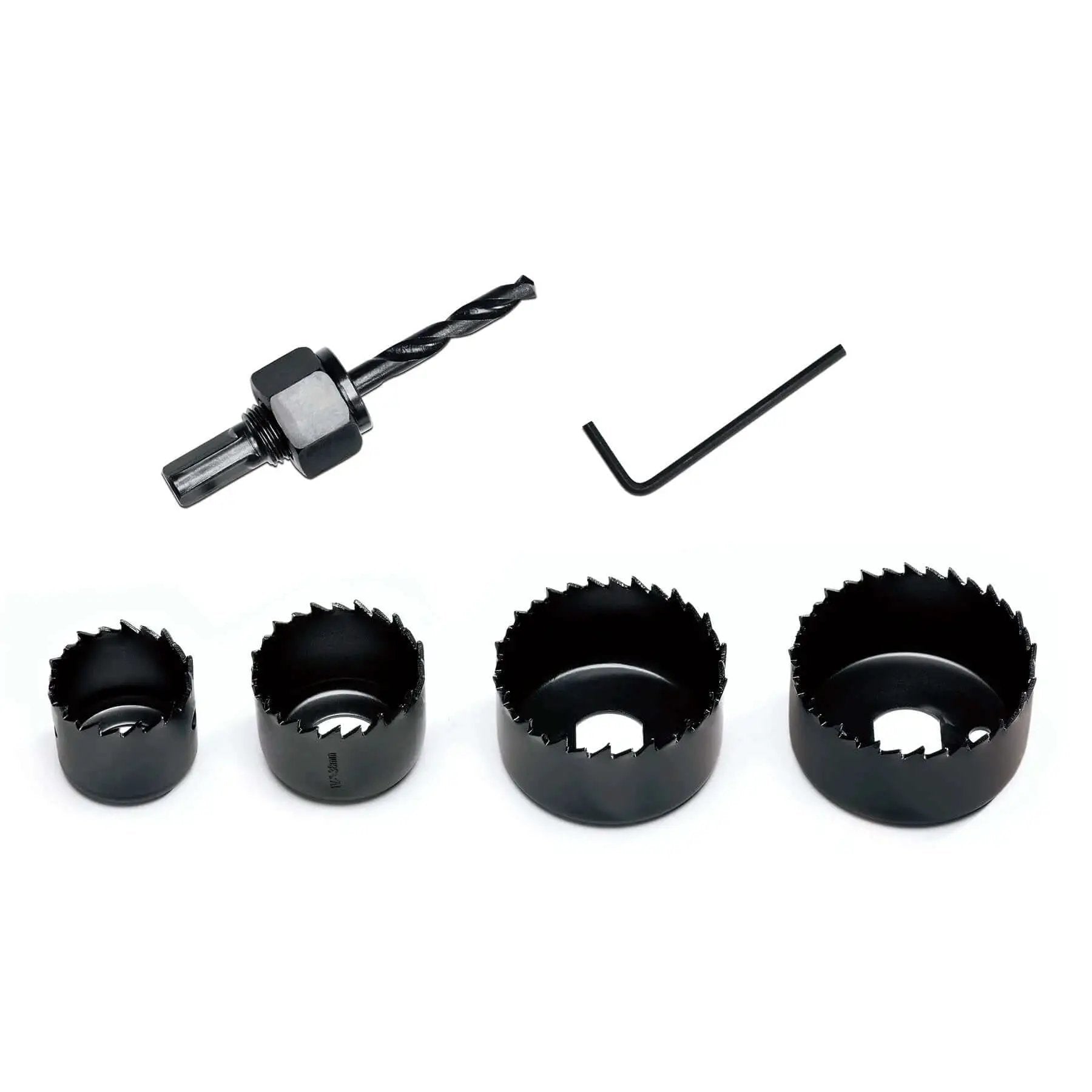 Six Piece Hole Saw Kit With Case And Mandrels For Soft Wood PVC And Plywood 1-1/4 To 2-1/8 Inch 32-54mm Set KATA Durable Carbon Steel With Heat Treated Black Coating For Aggressive And Rust Resistant Cuts Not For Metal Or Hard Wood