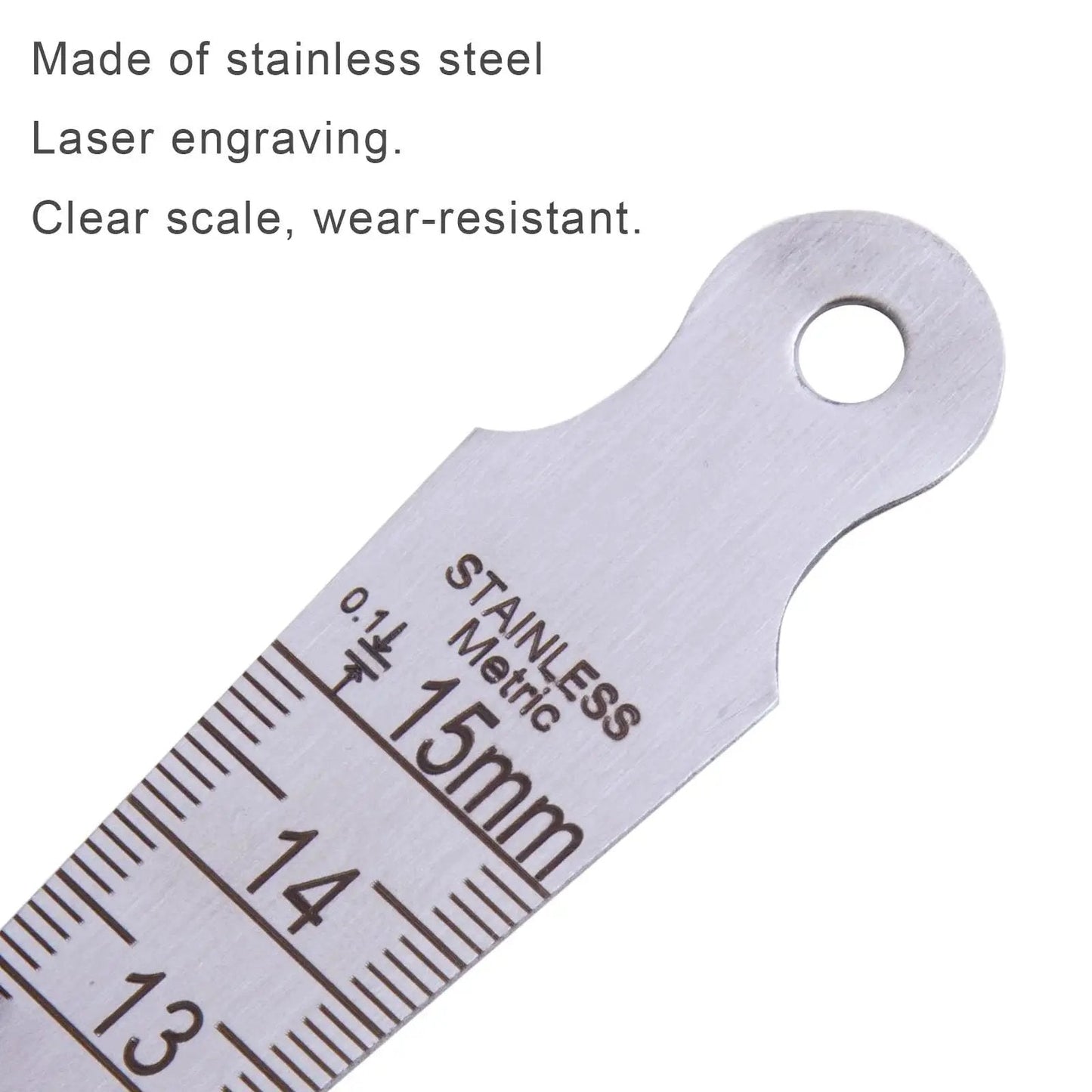 Close-up of Pro Grade Dual Sided Stainless Steel Aperture Gap Gauge with laser-engraved metric scale ranging up to 15 mm.