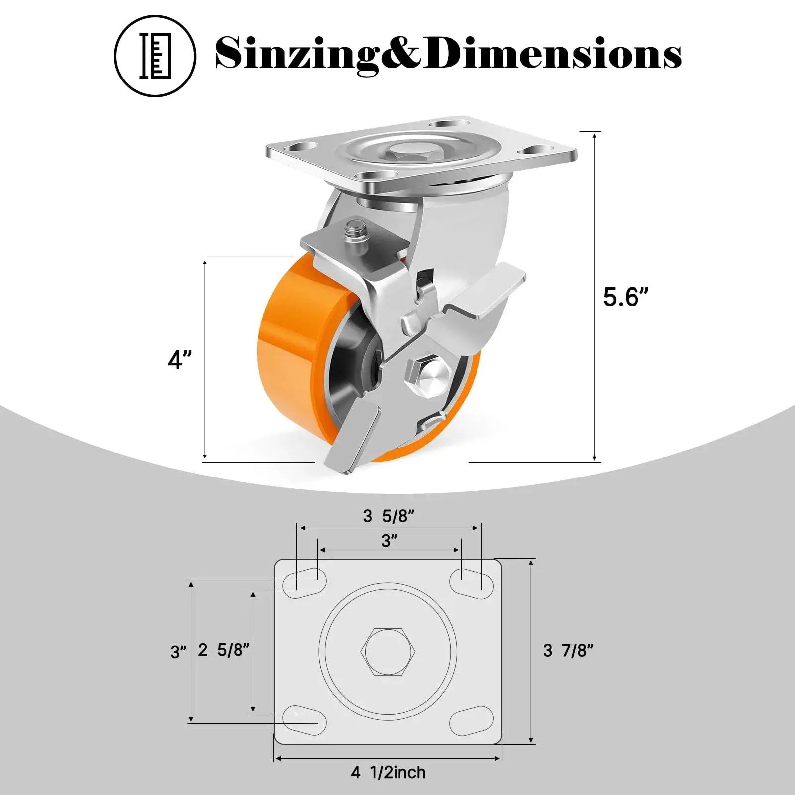 Heavy Duty 4 Inch Industrial Caster Wheels Set Of 4 With Brakes For Machines And Workbenches, 3200 Lb Total Capacity diagram