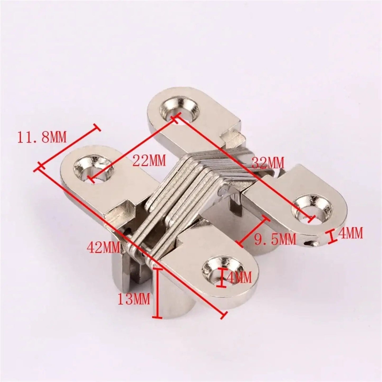 Hidden Concealed Cross Hinge Bearing 180 Degree Hinges Set with dimensions for Boxes, Windows, Cabinets, and Furniture Projects.