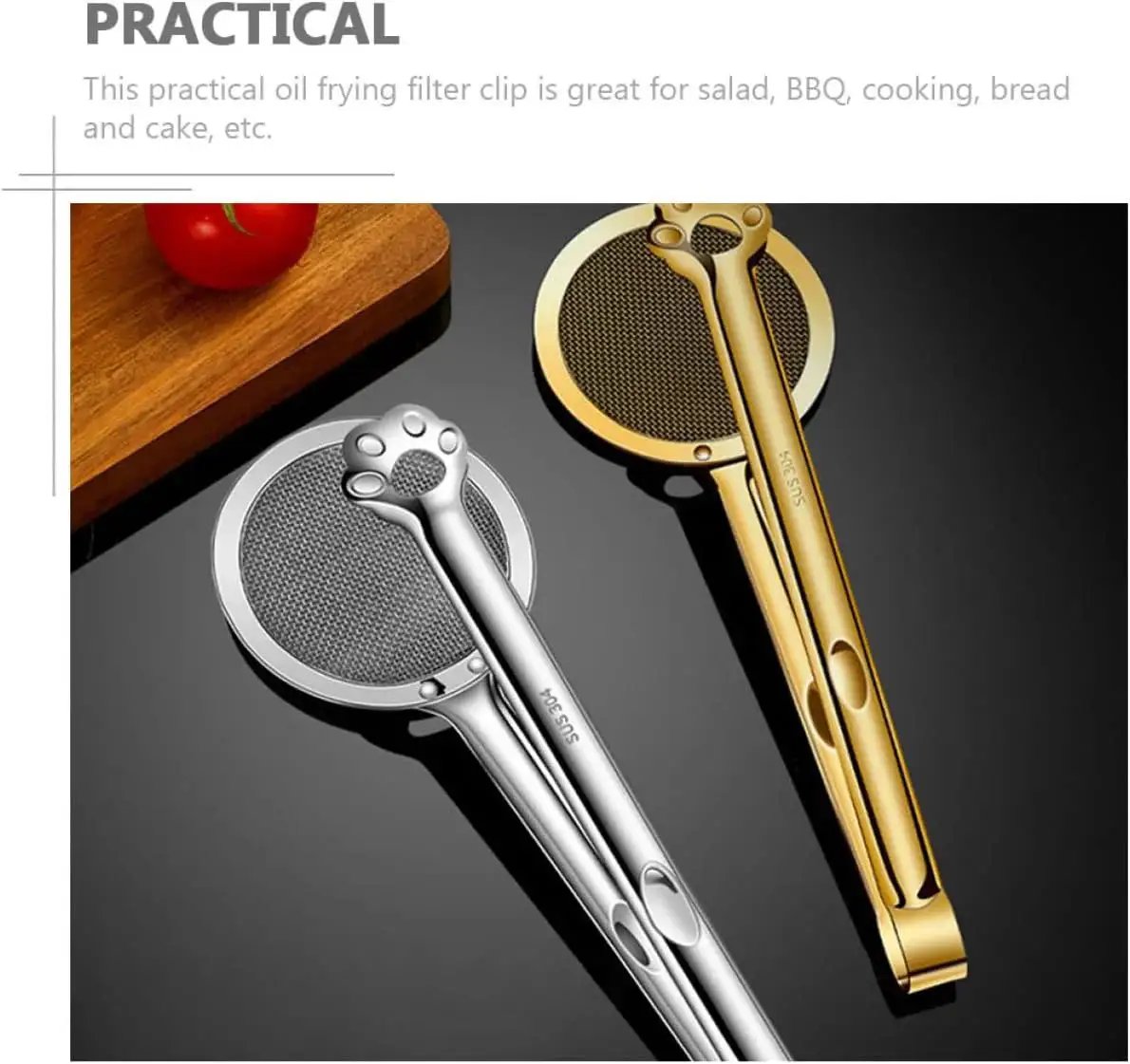 Stainless Steel Oil Strainer Spoon And Frying Oil Filter Clamp With 304 Claw Design for kitchen use shown with silver and gold models.