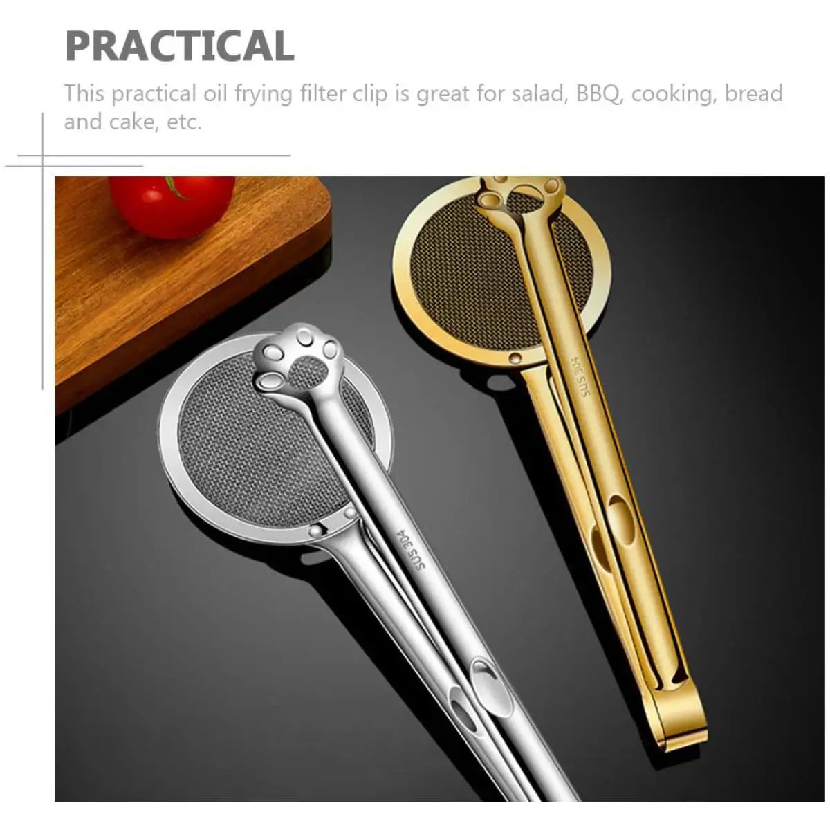 Stainless Steel Oil Strainer Spoon And Frying Oil Filter Clamp With 304 Claw Design, silver and gold, on kitchen counter