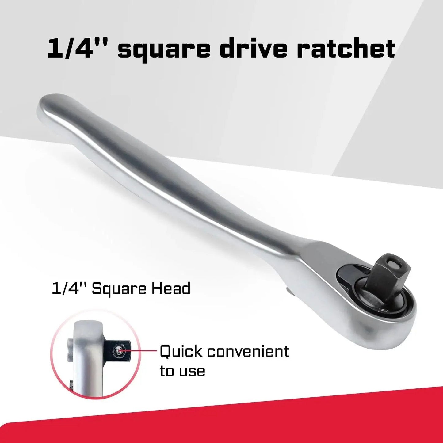 1/4 inch square drive ratchet shown in close-up, made with durable metal, part of Mini Four Piece One Quarter Inch Drive Ratchet Wrench Set.