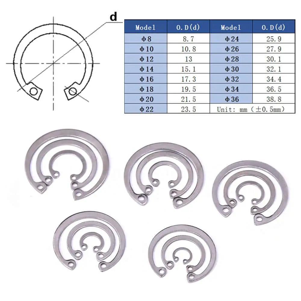 Internal Circlip Snap Ring Kit 200-Piece 15-Size Assortment In 304 Stainless Steel with size chart and ring diagram
