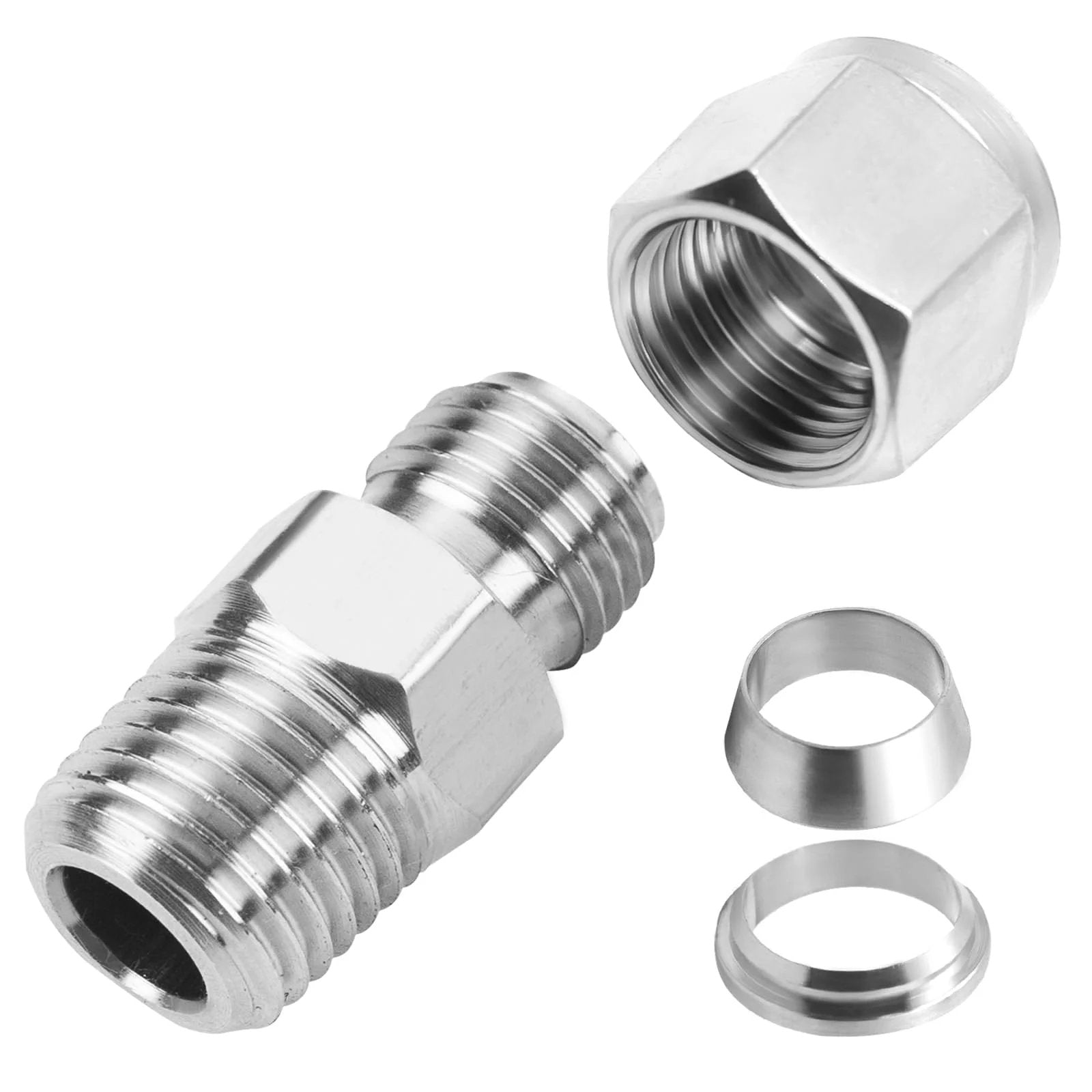 304 Stainless Steel Compression Tube Fitting Adapter One Eighth Inch NPT Male To Six Millimeter Tube Outer Diameter With Double Ferrules Two Pack
