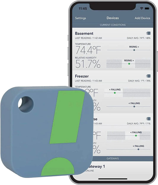 Smart Temperature And Humidity Sensor With App Monitoring From SensorPush HT1 Thermometer Hygrometer For Indoor And Outdoor Use Including Heat Index For RV Fridge And More shown with smartphone app interface