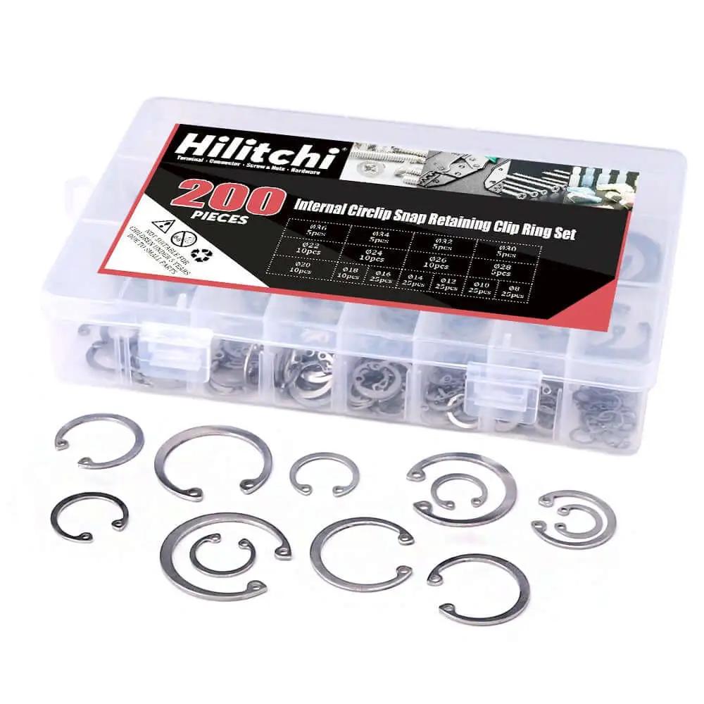 Internal Circlip Snap Ring Kit 200-Piece 15-Size Assortment in 304 Stainless Steel with case and rings displayed