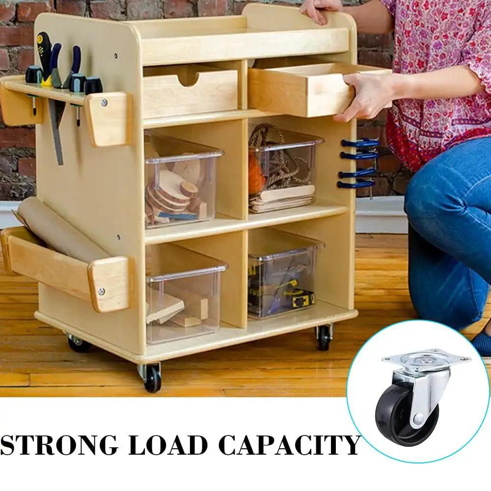 Person using a wooden cart on 1 Inch Castor Wheels Set of 4 for Furniture and Carts, Small Swivel Casters With Top Plate, black wheels visible.