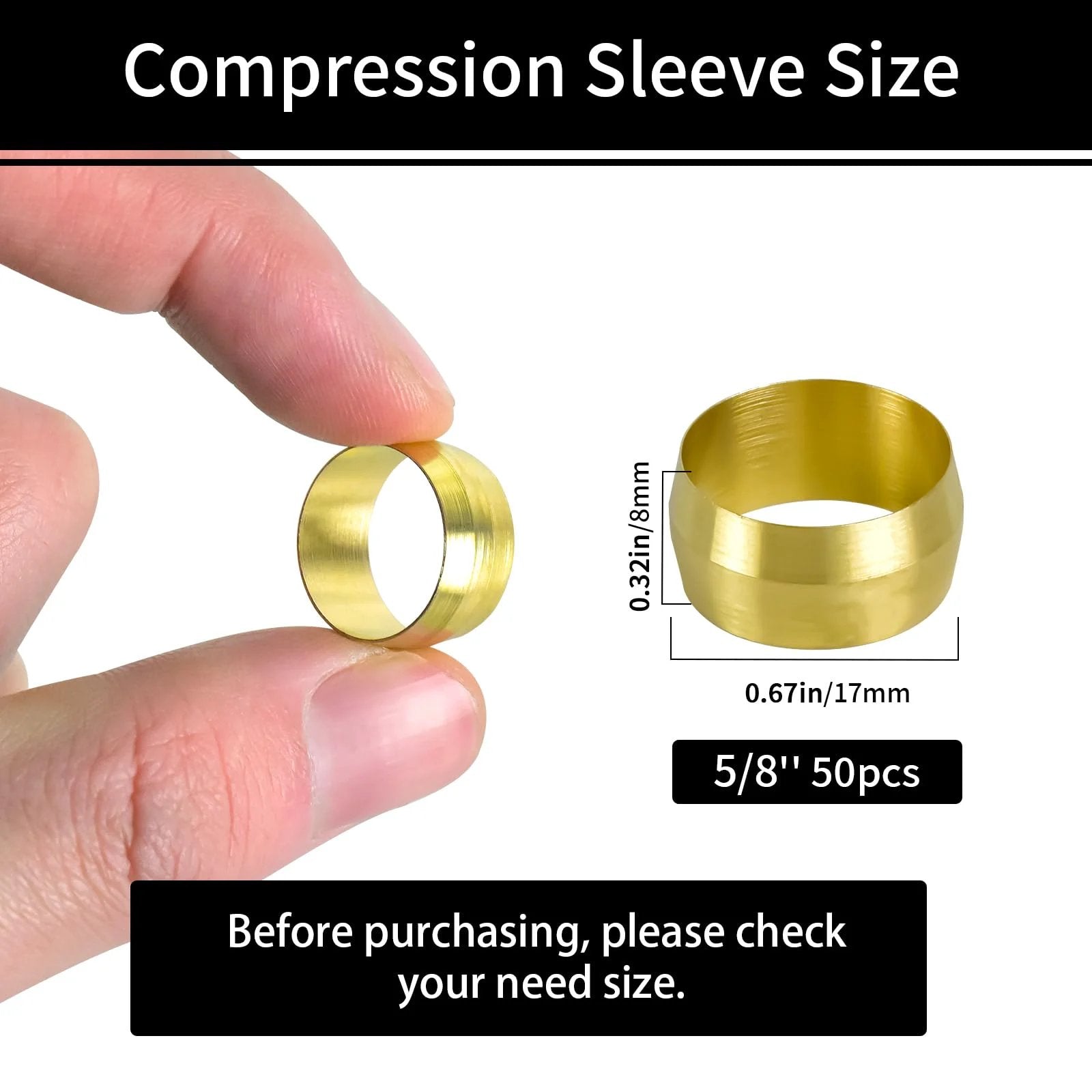 Brass Compression Sleeves Five Eighth Inch OD 50 Pack With Corrosion Resistant Ferrules And 304 Stainless Steel For Water Oil Air