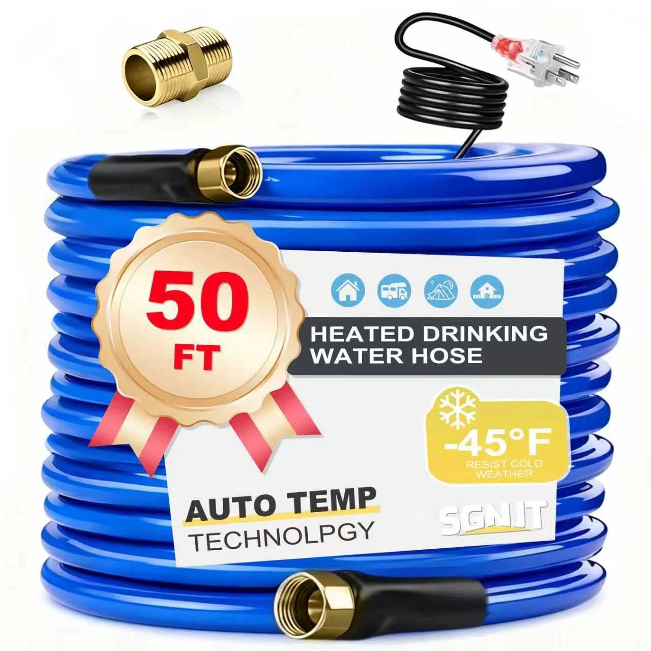 Heavy Duty 50 Ft Heated RV Water Hose With Thermostat Self Regulating For Winter Use BPA And Lead Free Drinking Water Hose One Half Inch Inner Diameter Cold Weather Ready Down To 40F Blue Camping Must Have RV Accessory, coiled blue hose with brass fittings and temperature control box shown.