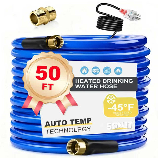 Heavy Duty 50 Ft Heated RV Water Hose With Thermostat Self Regulating For Winter Use BPA And Lead Free Drinking Water Hose One Half Inch Inner Diameter Cold Weather Ready Down To 40F Blue Camping Must Have RV Accessory, coiled blue hose with brass fittings and temperature control box shown.