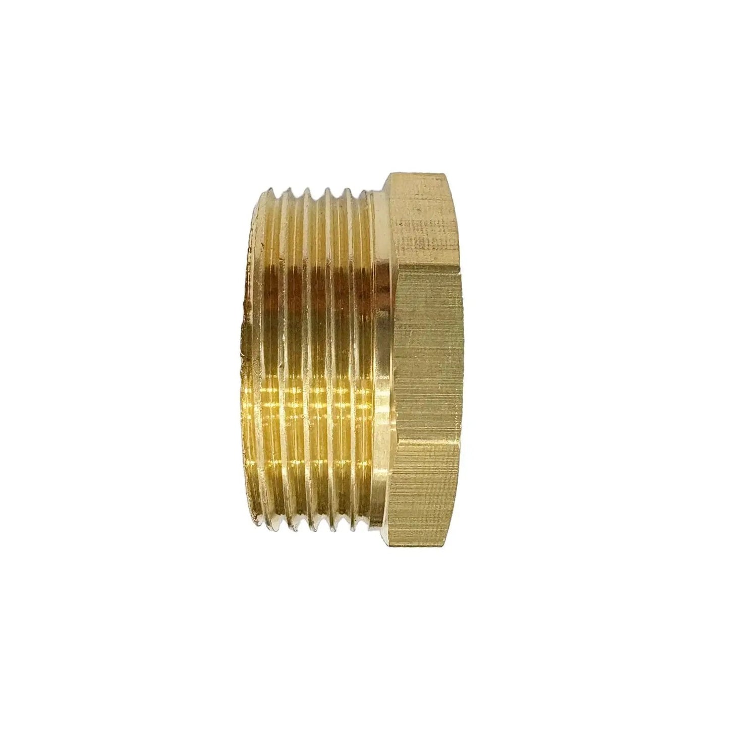 Side view of Brass Reducer Hex Bushing 1-1/4 Inch Male NPT To 3/4 Inch Female NPT Threaded Pipe Fitting