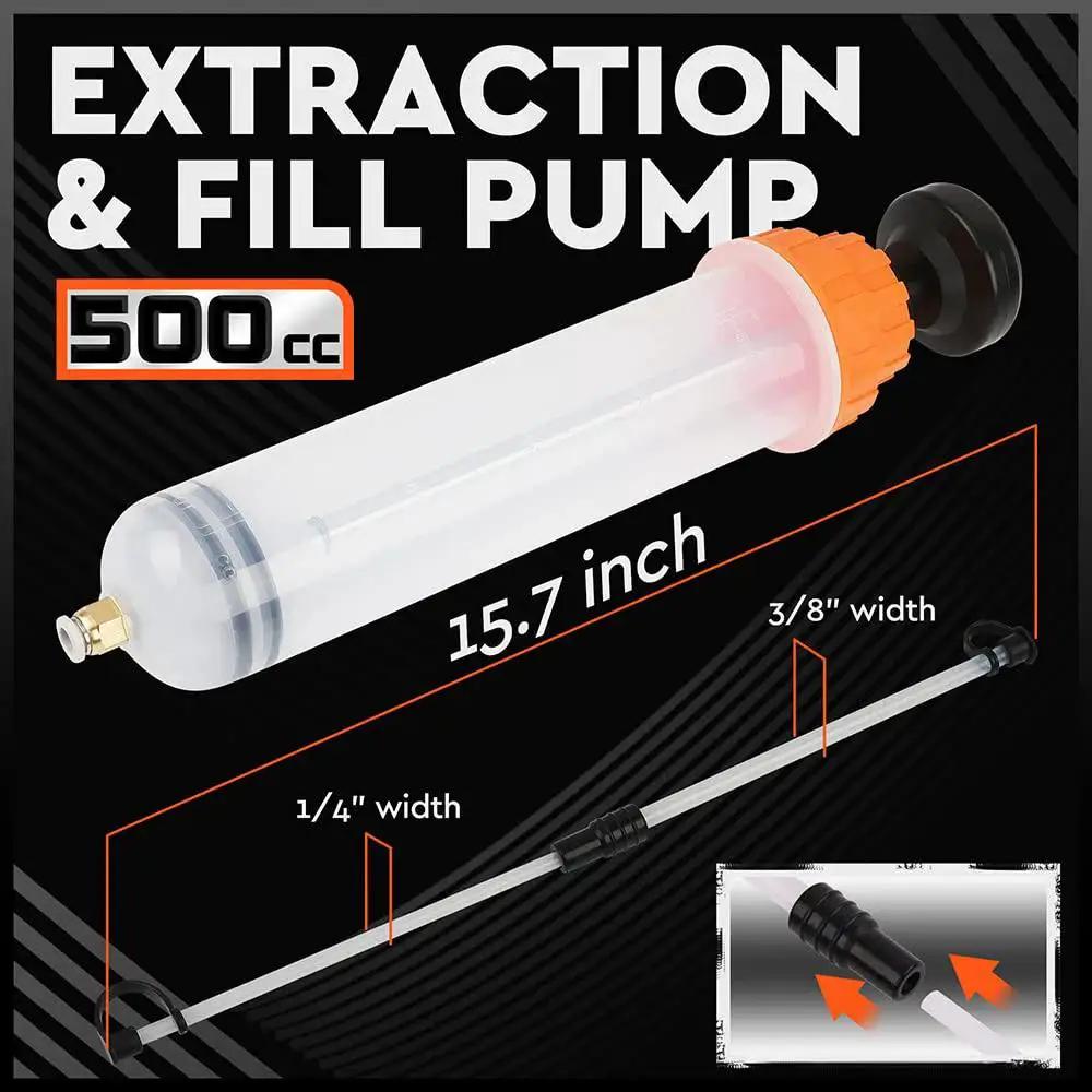 500cc Fluid Extractor for Automotive Use With Dual 7 Inch Hoses Vacuum Syringe showing syringe and measurements