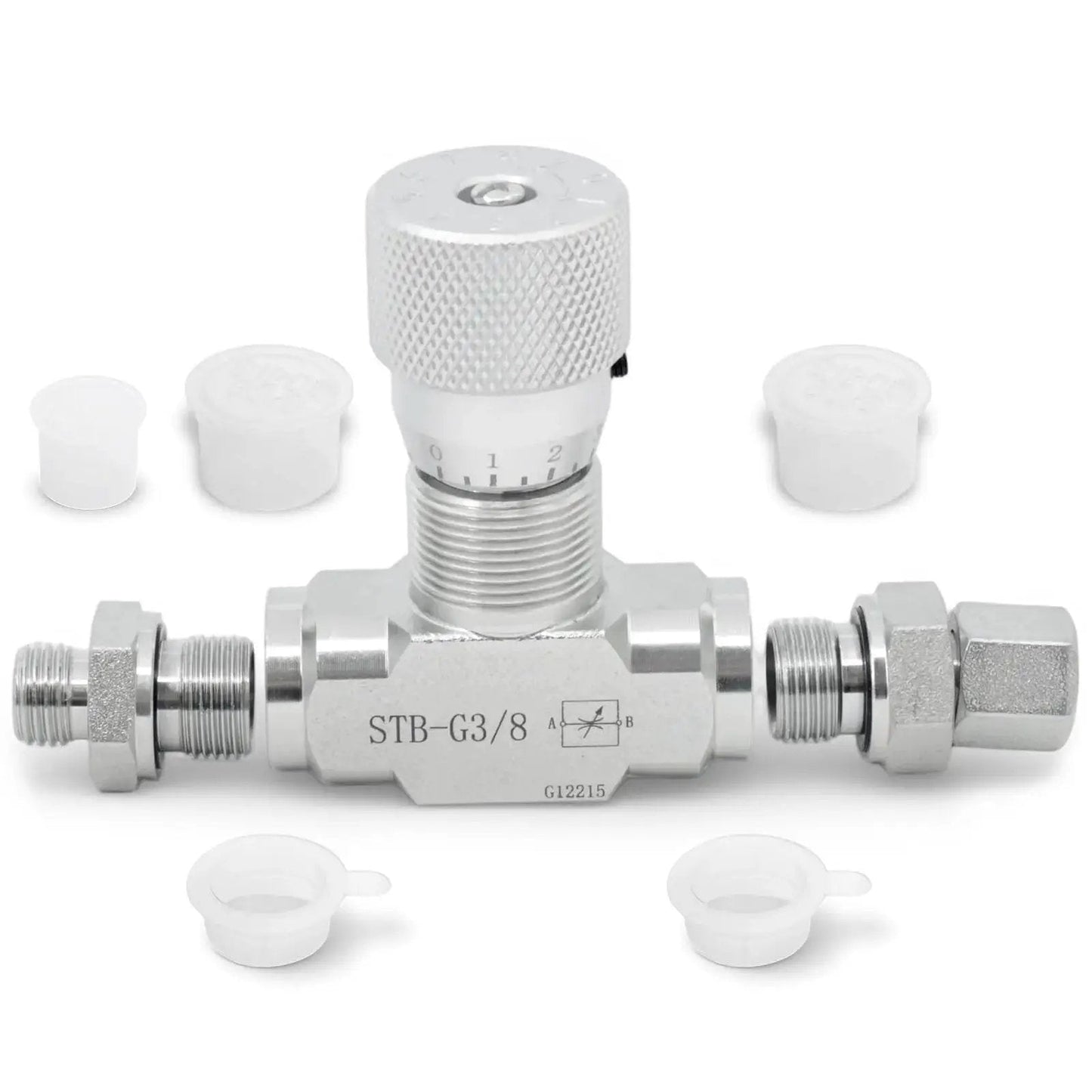 Heavy Duty Three Eighths Inch L08 Hydraulic Flow Control Valve for One to Two Ton Mini Excavators with M14 connectors.