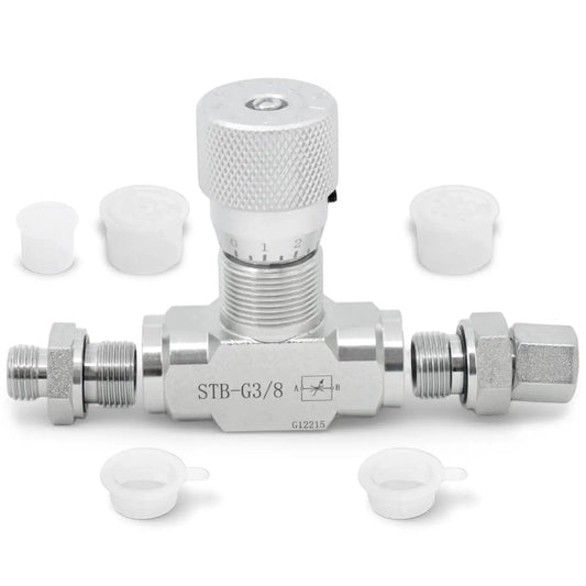 Heavy Duty Three Eighths Inch L08 Hydraulic Flow Control Valve for One to Two Ton Mini Excavators with M14 connectors.