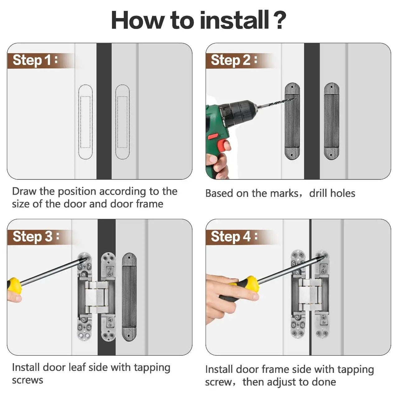 Installation guide for Hidden Door Hinges 7 Inch Stainless Steel Concealed Hinges showing steps to drill and screw.