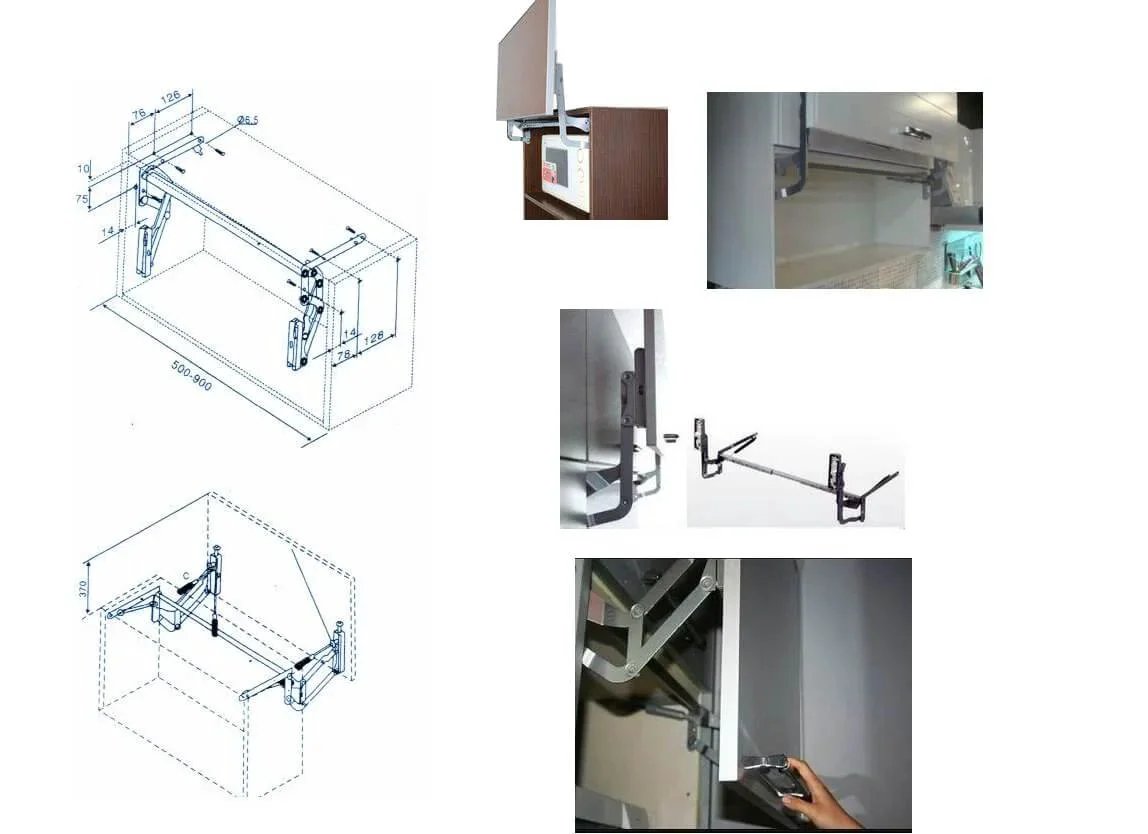Diagram and installation of Cabinet Door Vertical Swing Lift Up Stay Pneumatic Arm Kitchen Mechanism Hinges (Silver)