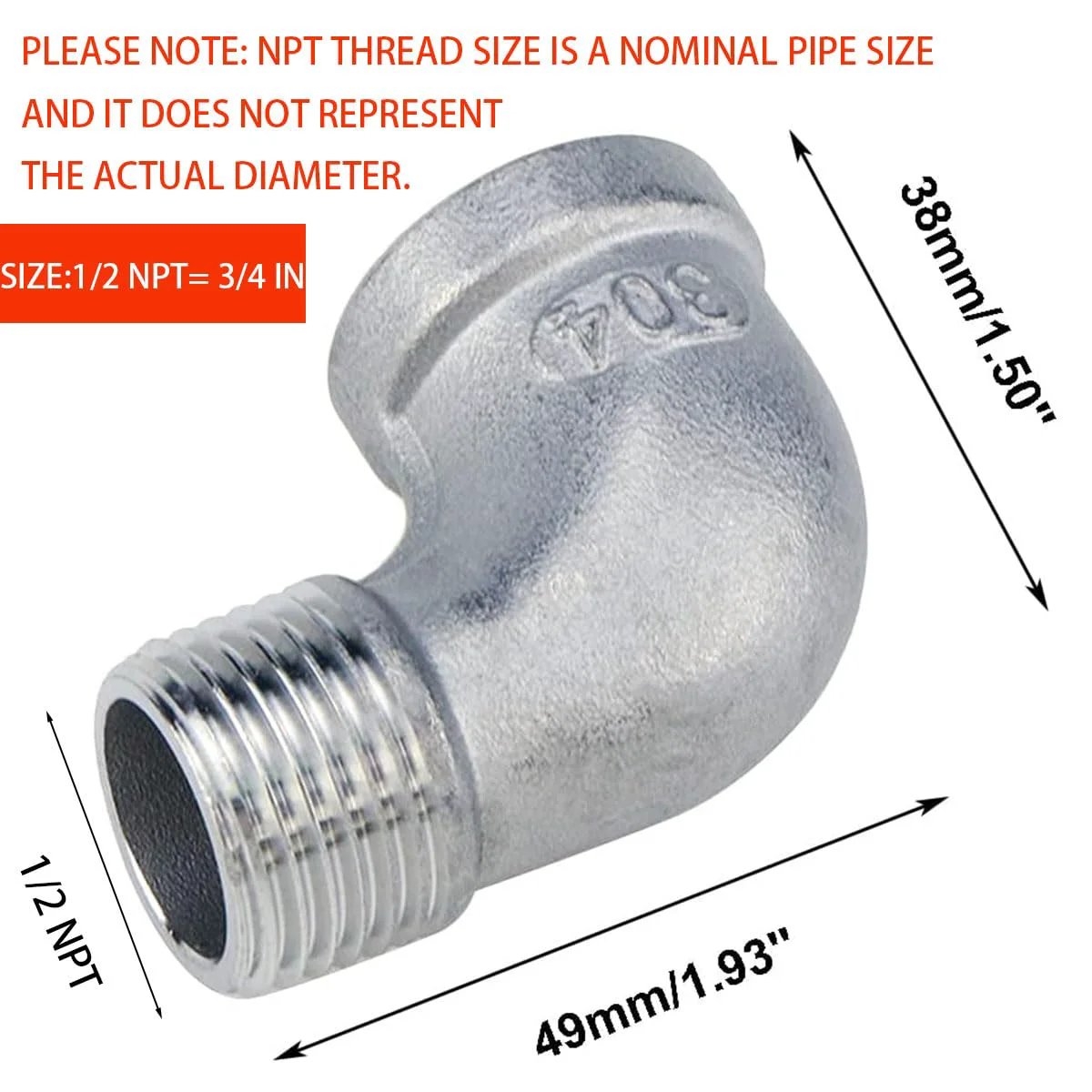 Two Pack 304 Stainless Steel 90 Degree Elbow Pipe Fittings Half Inch NPT Female To Male Heavy Duty Plumbing Elbow