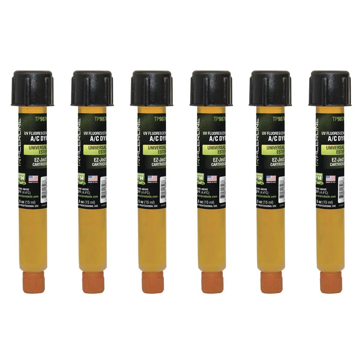 Six 0.5 Oz Universal Ester EZJect AC Dye Cartridges Green Glow for R1234yf arranged in a row, labeled for A/C use.