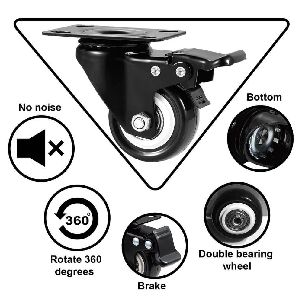 2" Caster Wheels Set of 4, Heavy Duty with Brake - Locking Polyurethane (PU) No Noise Swivel Plate Casters, Pack of 4 features.