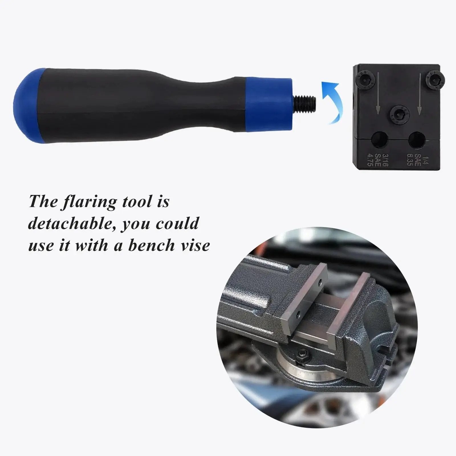 Detachable flaring tool with handle and block, part of Double Flare Tool Kit For Brake Lines Three Sixteenth And One Quarter Inch
