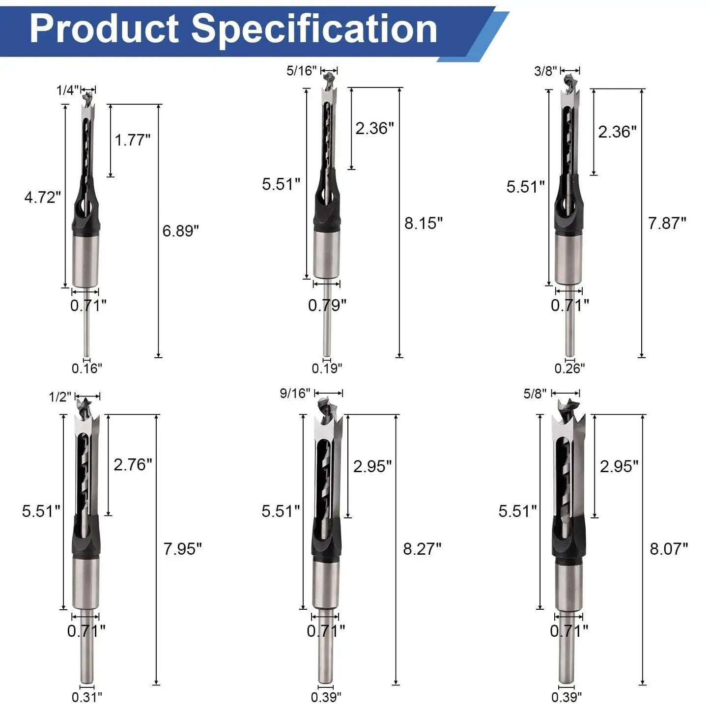 Square Hole Mortise Drill Bit Set For Mortising Machines And Drill Presses Delivers Clean Square Holes In Hardwood And Engineered Wood Not For Handheld Use Bearing Steel Six Bit Pack Pro With Inch Size Range From Quarter To Five Eighths Devvicoo, product specification chart with measurements.