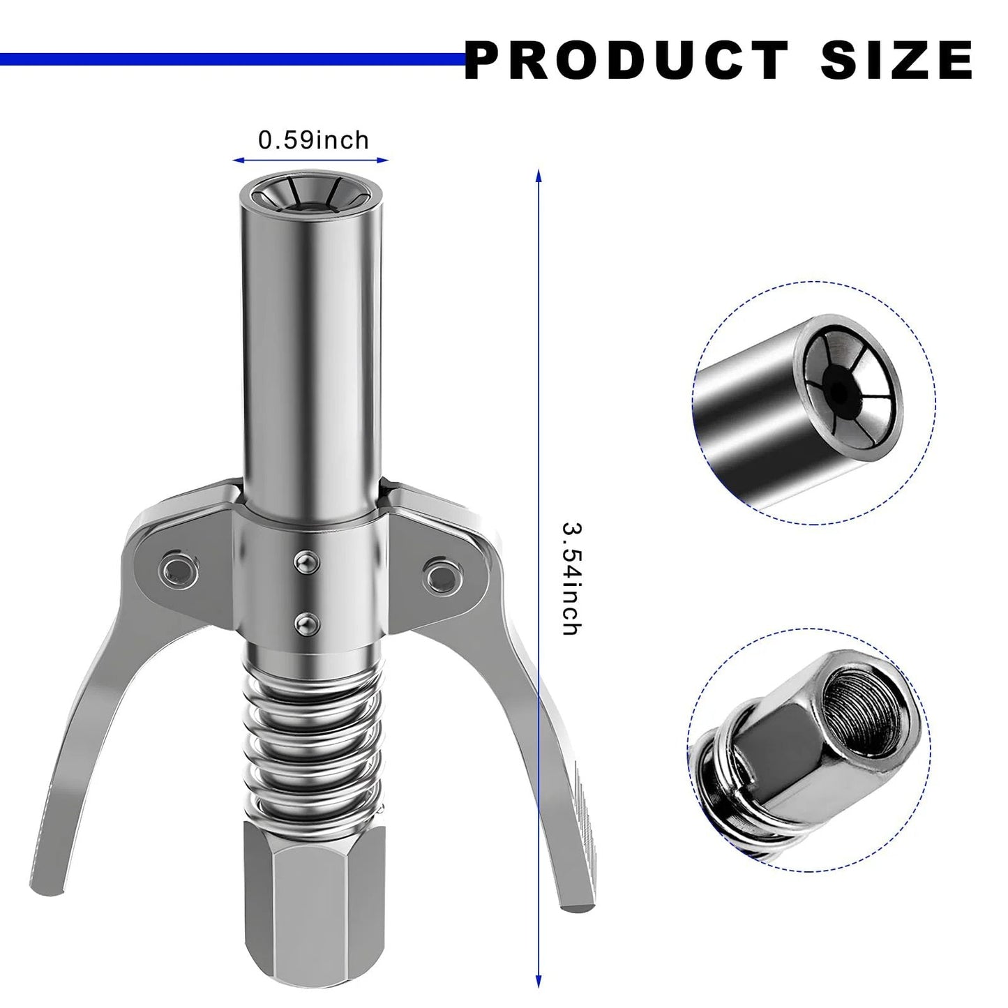 Double Handles Quick Release Grease Gun Coupler With Six Thickened Jaws, 12,000 PSI, 1/8 NPT Fittings, front view dimensions