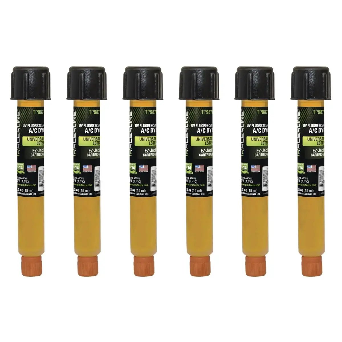 Front view of Six 0.5 Oz Universal Ester EZJect AC Dye Cartridges Green Glow for R1234yf, showing packaging and dye color.