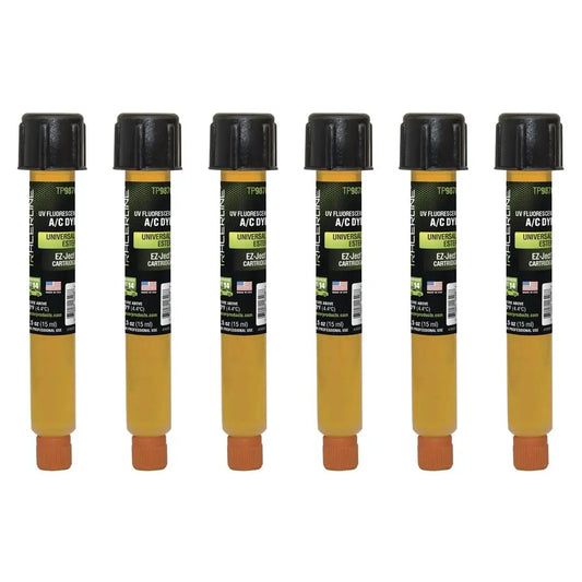 Front view of Six 0.5 Oz Universal Ester EZJect AC Dye Cartridges Green Glow for R1234yf, showing packaging and dye color.
