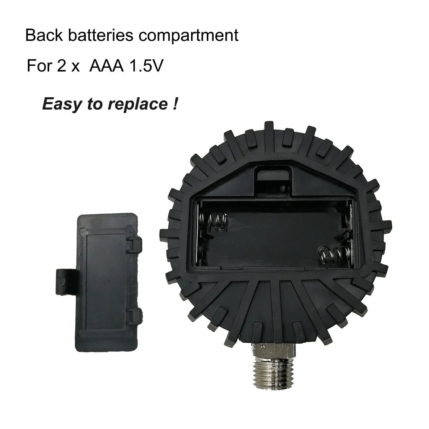 Back view of Digital Tire Pressure Gauge For Cars And Bikes With Rubber Protector and Quarter Inch NPT Bottom Connector showing battery compartment.