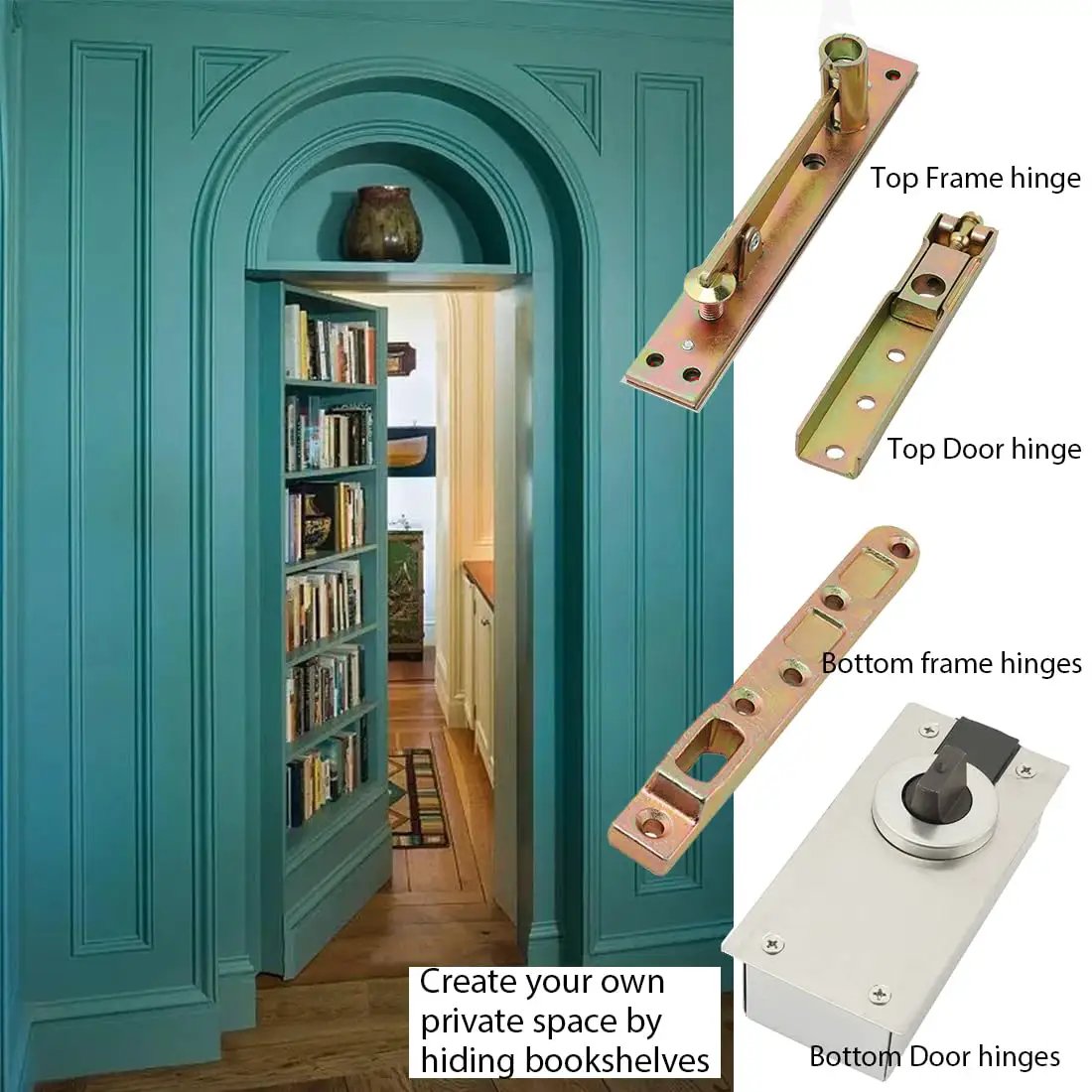 Hidden Pivot Hinges For Secret Doors And Bookcases, Heavy Duty Wood Door Hardware, shown with installation on teal bookcase