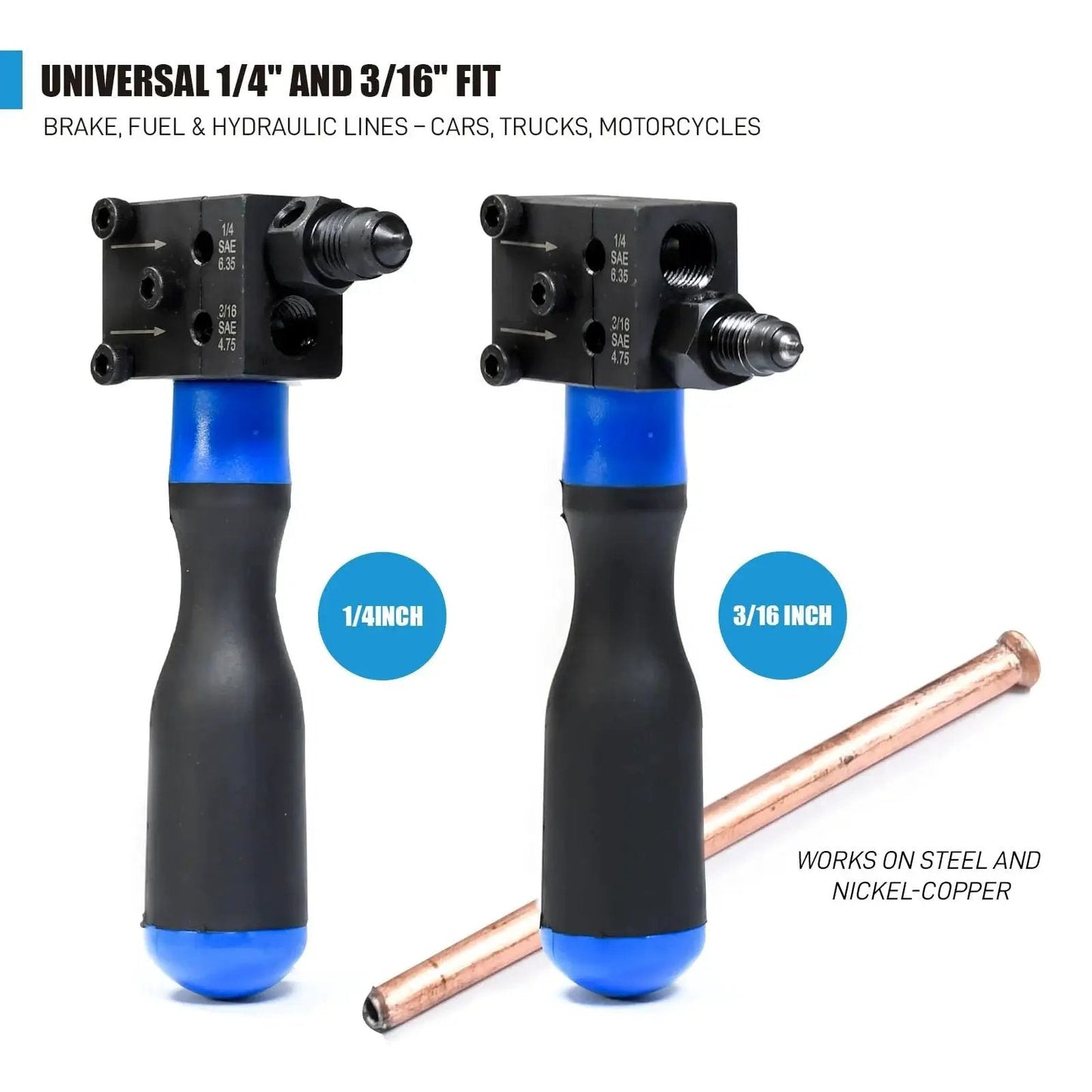Brake Line Flaring Kit For Sixteenth And Quarter Inch SAE Double Flare with 3/16 and 1/4 inch adapters and blue handles