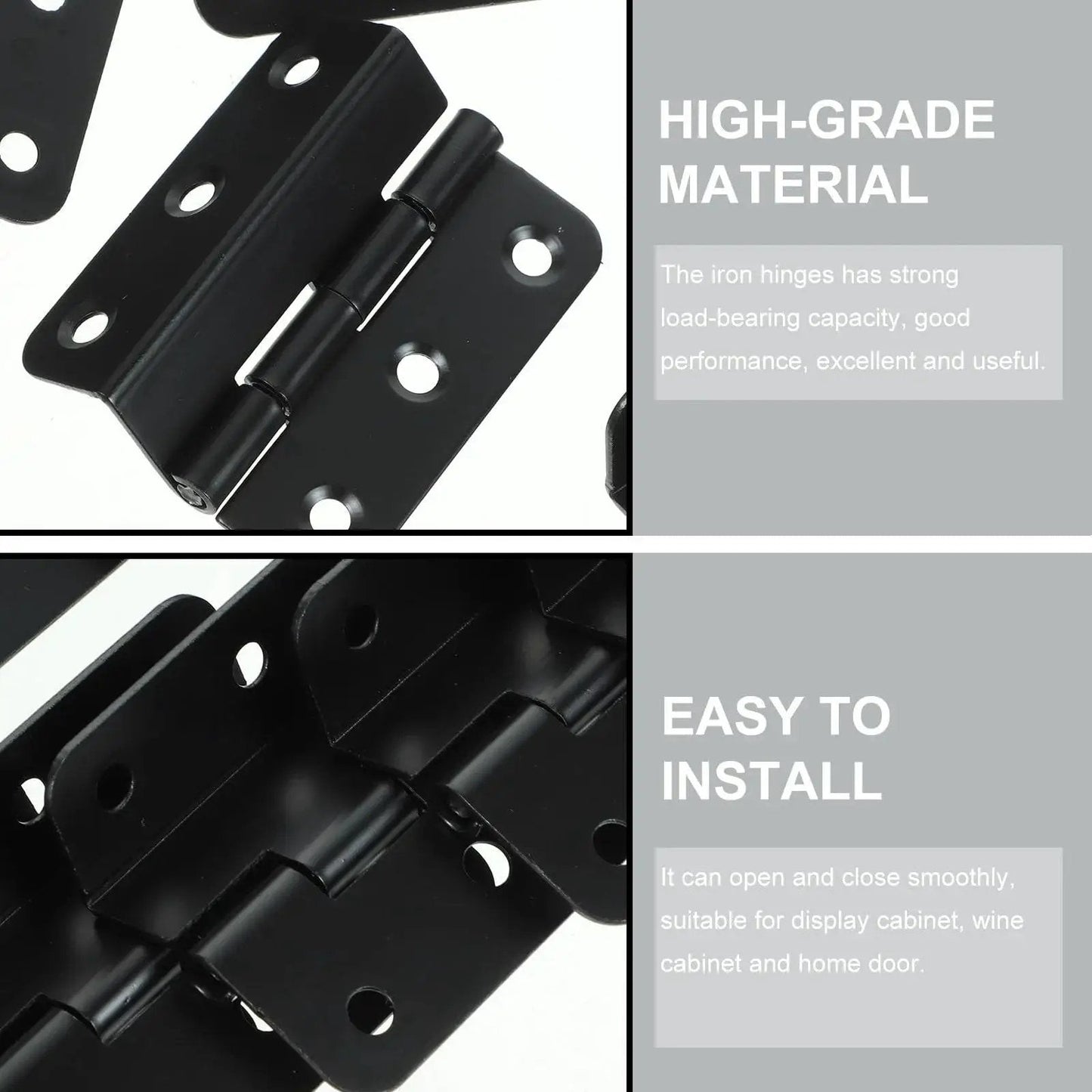 Heavy Duty Iron Cabinet Hinges 10 Piece Pack for Doors and Cabinets, rust resistant box hinges shown with specifications.