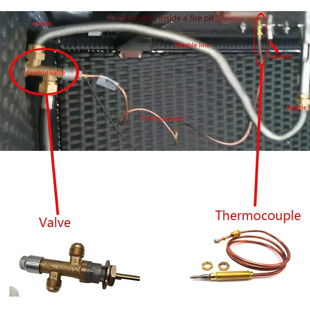 Universal 24 Inch Propane Grill Fire Pit and Fireplace Thermocouple Sensor M8x1 Thread Replacement displayed with parts.