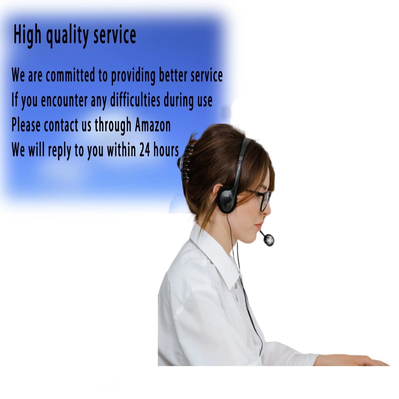 Customer support representative wearing headset at desk with text about high quality service and Amazon contact information