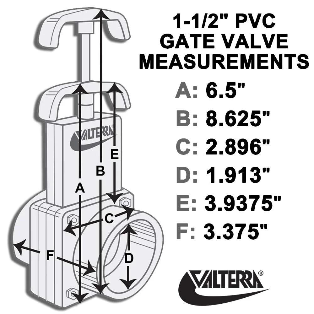 PVC Gate Valve One And A Half Inch Slip Full Port For Low Pressure And Vacuum Plumbing Unrestricted Flow Quick Shutoff Easy Push Pull Operation Schedule 40 PVC White with dimensions labeled.