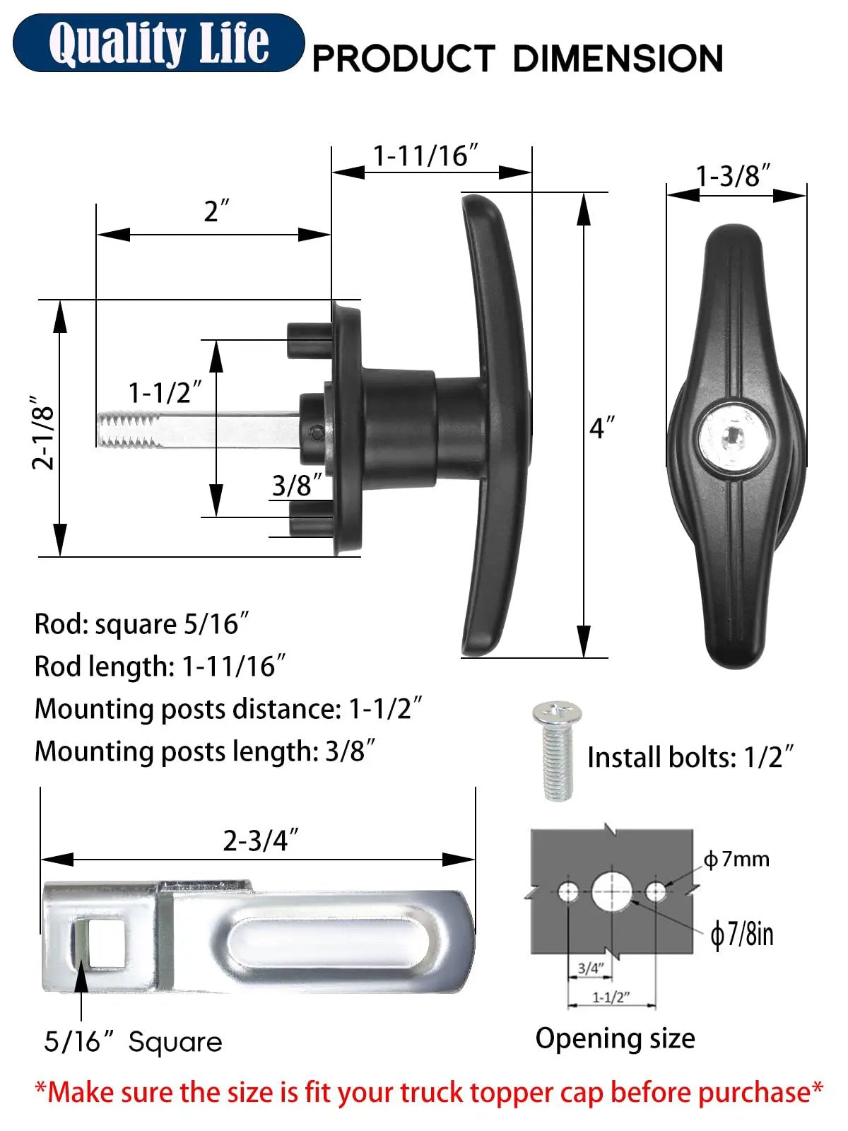 Truck Cap Camper Shell T Handle Lock Latch Replacement Kit With Keys Left And Right Pair for Truck Bed Topper Doors Durable Black Finish Easy Install That Installs Fast dimensions and specifications diagram