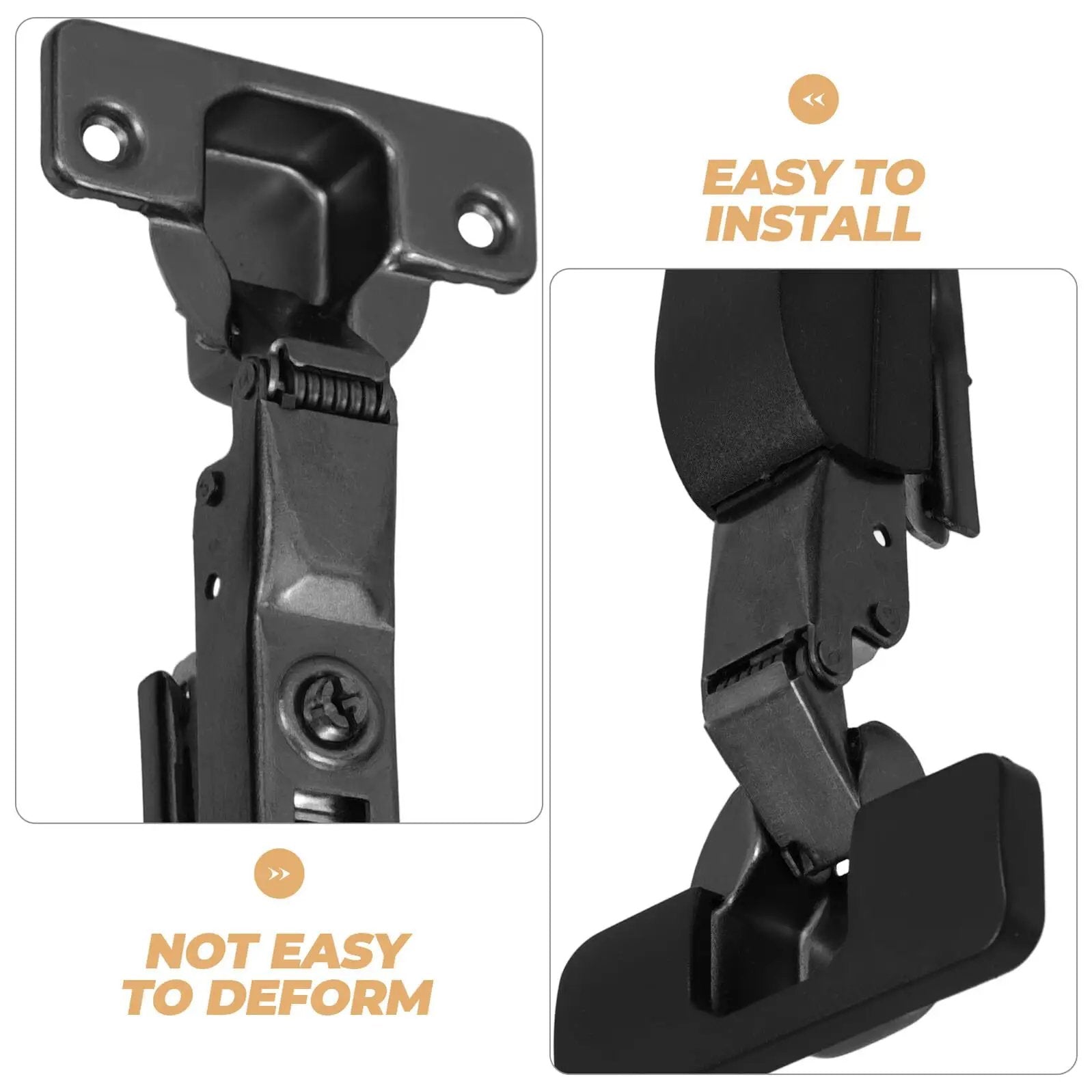 Front and side view of concealed mounting cabinet hinges with soft close hydraulic damper, easy to install