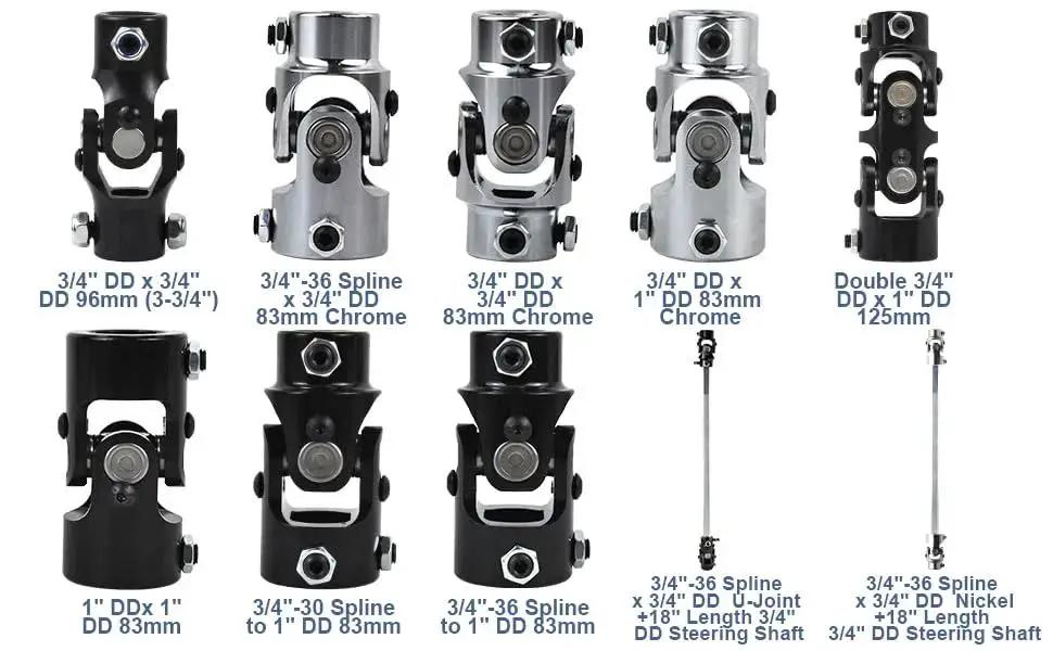 Various universal U-joints and 36 Inch Three Quarters DD Steering Shaft For Universal U Joints, chrome and black finish.