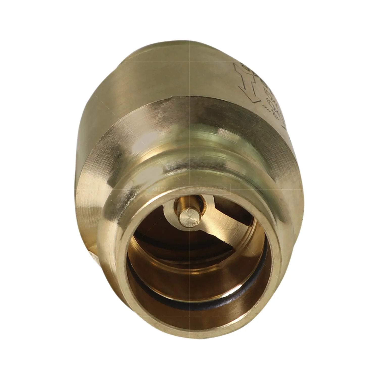 Front view of Inline Spring Loaded Check Valve For Backflow Prevention In Lead Free Cast Brass With Three Quarter Inch Press Connections, NSF ANSI certified.