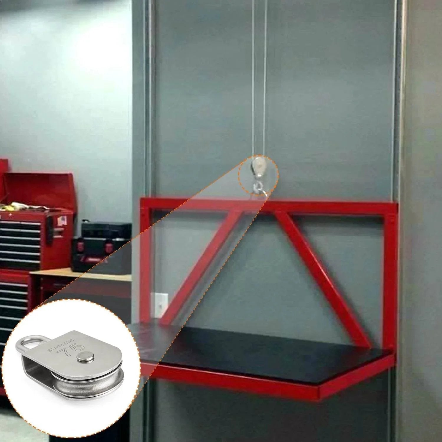 M75 Lifting Single Swivel Pulley Block installed on a hoist for industrial lifting, stainless steel, 1322 lb load capacity, 75mm sheave
