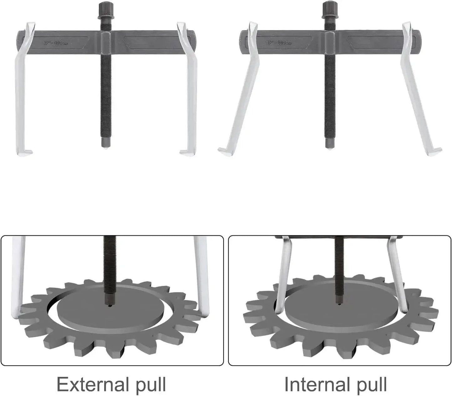 12 Inch Two Jaw Gear Puller With Adjustable Clamping Depth And Reversible Pulling Action shown for external and internal gear removal.