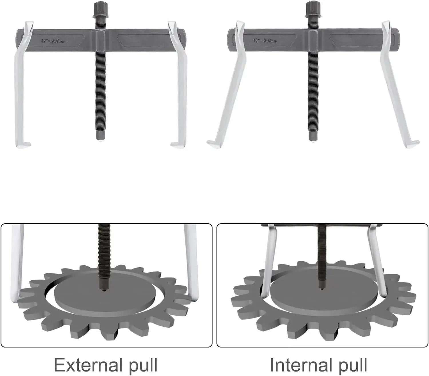 12 Inch Two Jaw Gear Puller With Adjustable Clamping Depth And Reversible Pulling Action shown for external and internal gear removal.