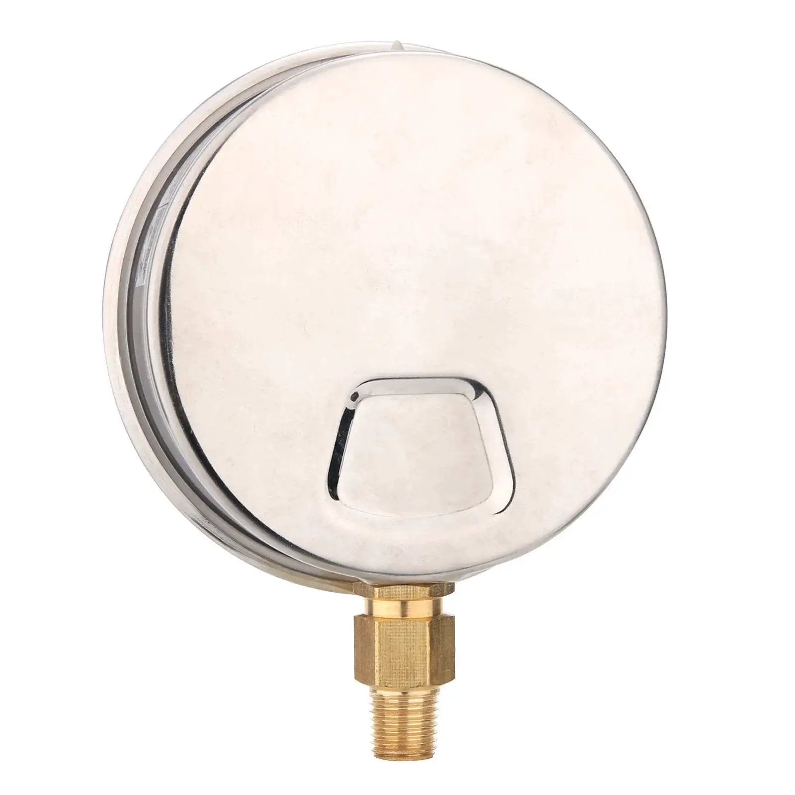Back view of Glycerin Filled 4 Inch Dial Pressure Gauge For Plumbing 0 To 60 Psi With Stainless Steel Case Brass Wetted Parts One Quarter Inch Npt
