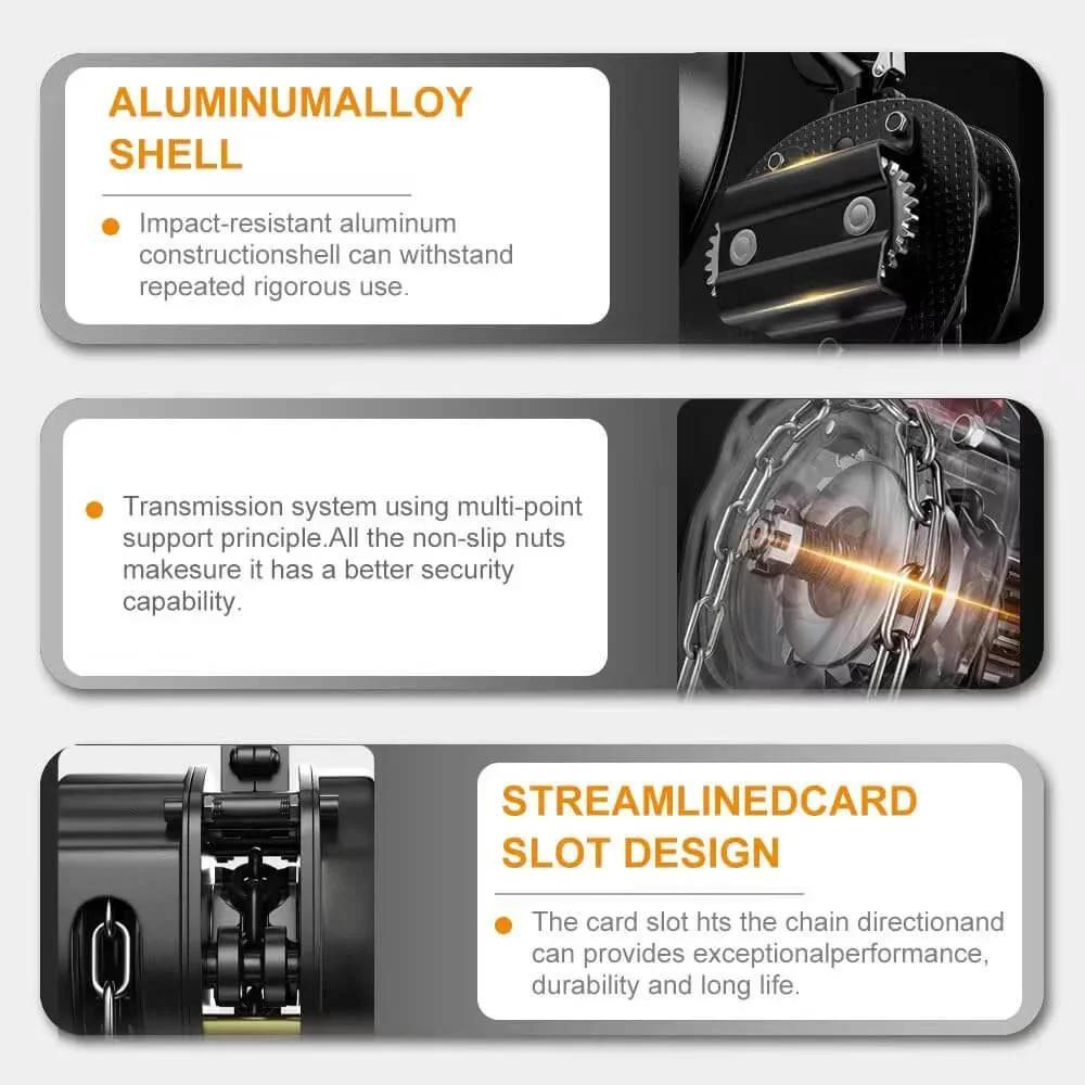 Product features of 2 Ton Manual Chain Hoist With 10 Ft Lift Height And 4400 Lbs Capacity including aluminum alloy shell and streamlined card slot