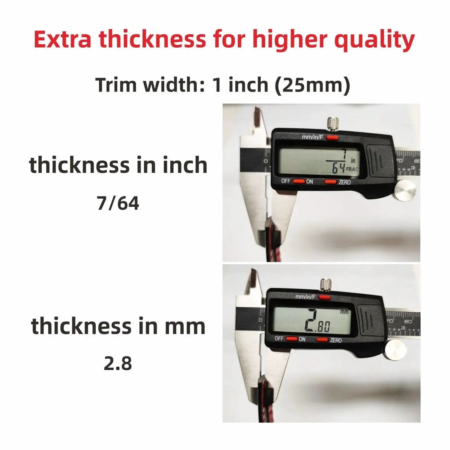 Display showing thickness measurements of 16 Foot Glossy Black Car Exterior Interior Molding Trim Self Adhesive Universal in inches and mm